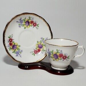 Royal Malvern Teacup and Saucer Pink Yellow Purple Flowers Vintage